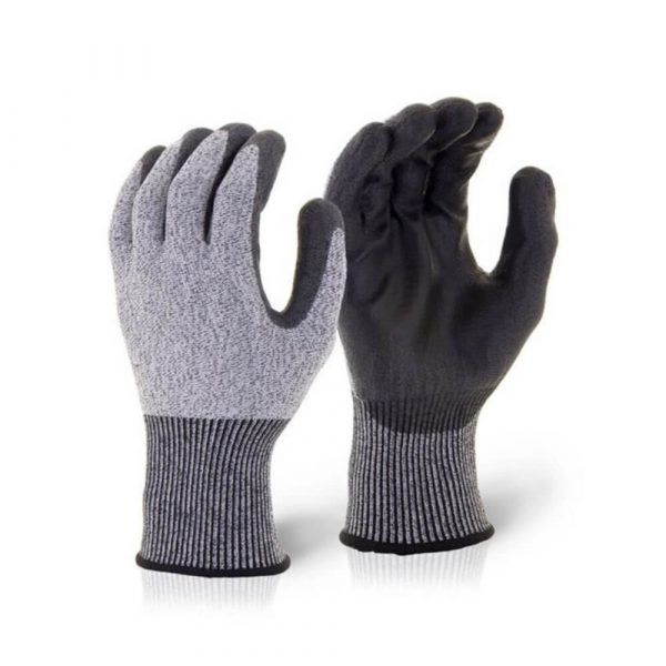 PU Coated Cut 5 Glove- black and grey glove with palm coating.
