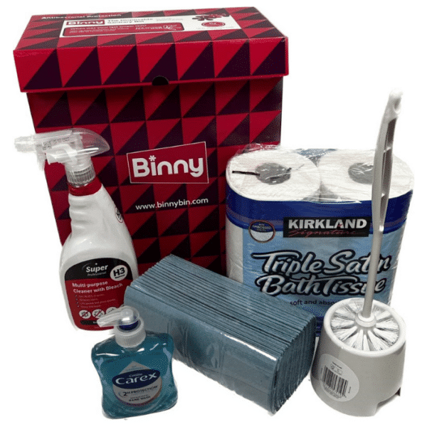 Biiny Bin, Multi-purpose spray, toilet roll, c-fold towel, hand soap and a toilet brush.