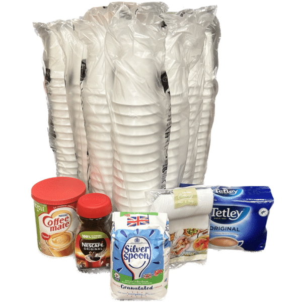 On-site canteen pack. 60 cups, coffee, coffee mate, sugar, tea bags and plastic spoons.
