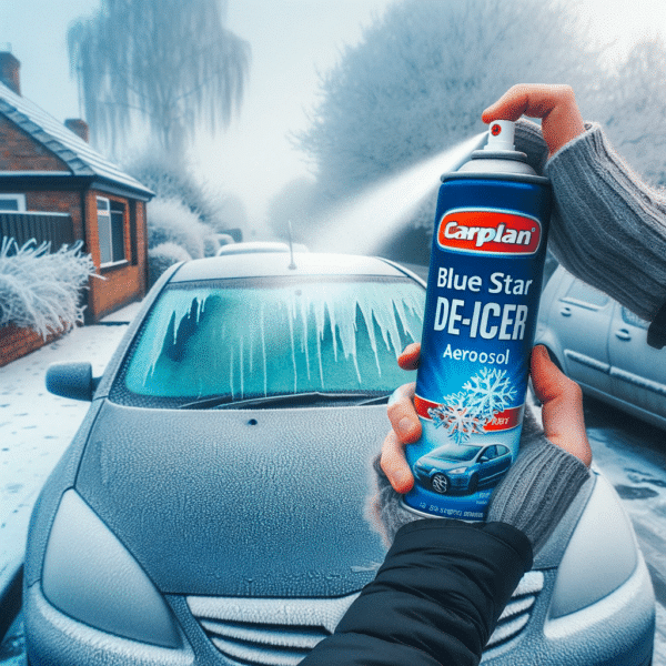 Image showing a person using CarPlan Blue Star De-Icer on a car's icy windscreen, with part of the ice melted, demonstrating the product's quick action in a snowy setting