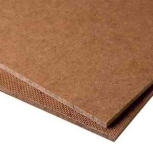 lose-up view of two overlapping hardboard sheets, showcasing the smooth surface and texture of the high-density fibreboard. 3mm wood panel
