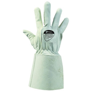 Polyco Electricians Leather Protector Gauntlets displayed on a neutral background, highlighting their robust leather construction and adjustable design.